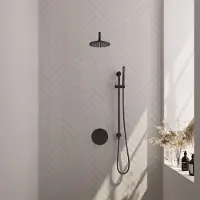 Brauer Black Carving thermostatische inbouw regendouche met staafhanddouche, gebogen muurarm, glijstang en hoofddouche 20cm set 87 zwart mat