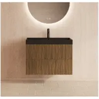 Gliss Design Hybris badmeubel met ribbelfront 60cm castle brown met zwarte wastafel met 1 kraangat Lako