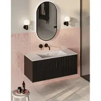 Muebles Raya badmeubel ribbelfront 100cm zwart mat met witte wastafel zonder kraangat