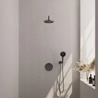 Brauer Gunmetal Carving thermostatische inbouw regendouche met 3 standen handdouche, gebogen muurarm en hoofddouche 20cm set 81 gunmetal geborsteld PVD
