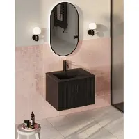 Muebles Raya badmeubel ribbelfront 60cm zwart mat met zwarte wastafel met kraangat