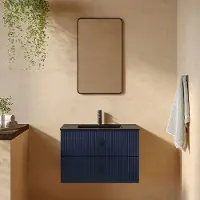 Muebles Marbella badmeubel ribbelfront 80cm marine blauw met zwarte wastafel met kraangat