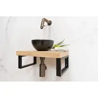 Saniclear Baru fonteinset met eiken plank, zwarte waskom en kraan in verouderd messing voor in het toilet