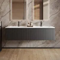 Fontana Astro badmeubel ribbelfront 160cm met dubbele wastafel met kraangaten zwart mat
