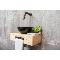 Saniclear Seba fonteinset met eiken plank, zwarte waskom en kraan in verouderd messing voor in het toilet