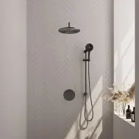 Brauer Gunmetal Carving thermostatische inbouw regendouche met 3 standen handdouche, gebogen muurarm, glijstang en hoofddouche 30cm set 94 gunmetal geborsteld PVD