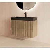 Gliss Design Hybris badmeubel met ribbelfront 80cm corn silk met zwarte wastafel zonder kraangat Lako