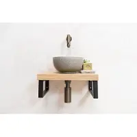 Saniclear Baru fonteinset met eiken plank, grijze waskom en kraan in verouderd messing voor in het toilet