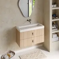 Muebles Estella badmeubel ribbelfront 100cm naturel eiken met solid surface wastafel zonder kraangat