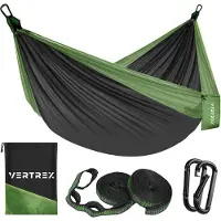 VERTREX Hammock Pro Hangmat met Band en Karabijnhaak voor hangmatten - 270 x 140 cm - Max 200 kg - Groen/Zwart
