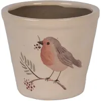 Clayre & Eef Keramiek Bloempot voor Binnen – Beige Vogel – Rustieke Pot – Ø 12 cm – Vogelmotief