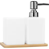 QUVIO Zeepdispenser met tandenborstelbeker + houten onderzetter - Wit