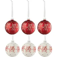 J-Line doos van 6 kerstballen sneeuwvlokken glitter glas wit/rd small -