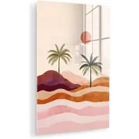 MuchoWow Glasschilderij 120x180 cm - Schilderij acrylglas - Palmbomen - Abstract - Zon - Heuvels - Foto op glas - Muurdecoratie woonkamer - Wanddecoratie slaapkamer - Schilderijen