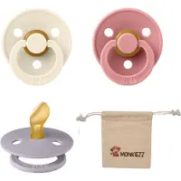 BIBS Dental fopspenen Anatomical 0-6 maanden- Set 3 stuks- Ivory, Dusty Pink, Fossil Grey + Monkiezz speenzakje - orthodontisch- Anatomisch- Maat 1