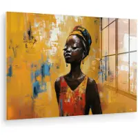 MuchoWow Glasschilderij 90x60 cm - Schilderij acrylglas - Vrouw - Ogen - Penseelstreken - Geel - Foto op glas - Muurdecoratie woonkamer - Wanddecoratie slaapkamer - Schilderijen