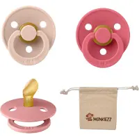 BIBS Dental fopspenen Anatomical 0-6 maanden- Set 3 stuks- Coral, Blush, Dusty Pink + Monkiezz speenzakje - orthodontisch- Anatomisch- Maat 1