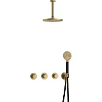 Hotbath Cobber IBS70 inbouw regendoucheset met ronde handdouche aan houder en 25cm ronde hoofddouche aan 15cm plafondarm geborsteld messing