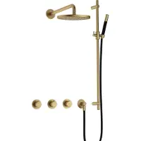 Hotbath Cobber IBS70 inbouw regendoucheset met staafhanddouche aan glijstang en 25cm ronde hoofddouche aan 40cm wandarm geborsteld messing