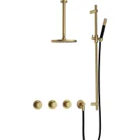 Hotbath Cobber IBS70 inbouw regendoucheset met staafhanddouche aan glijstang en 25cm ronde hoofddouche aan 30cm plafondarm geborsteld messing
