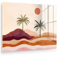 MuchoWow Glasschilderij 120x90 cm - Schilderij acrylglas - Palmbomen - Abstract - Zon - Heuvels - Foto op glas - Muurdecoratie woonkamer - Wanddecoratie slaapkamer - Schilderijen