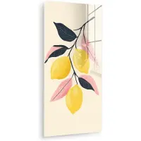 MuchoWow Glasschilderij 60x120 cm - Schilderij acrylglas - Citroenen - Felgeel - Tak - Bladeren - Foto op glas - Muurdecoratie woonkamer - Wanddecoratie slaapkamer - Schilderijen