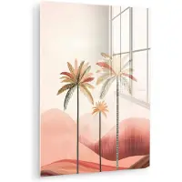 MuchoWow Glasschilderij 90x120 cm - Schilderij acrylglas - Palmbomen - Heuvels - Minimalistisch - Zachtroze - Foto op glas - Muurdecoratie woonkamer - Wanddecoratie slaapkamer - Schilderijen
