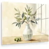 MuchoWow Glasschilderij 40x30 cm - Schilderij acrylglas - Vaas - Keramiek - Olijftakken - Foto op glas - Muurdecoratie woonkamer - Wanddecoratie slaapkamer - Schilderijen
