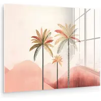 MuchoWow Glasschilderij 160x120 cm - Schilderij acrylglas - Palmbomen - Heuvels - Minimalistisch - Zachtroze - Foto op glas - Muurdecoratie woonkamer - Wanddecoratie slaapkamer - Schilderijen