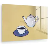 MuchoWow Glasschilderij 180x120 cm - Schilderij acrylglas - Theepot - Kopje - Beige - Illustratie - Foto op glas - Muurdecoratie woonkamer - Wanddecoratie slaapkamer - Schilderijen
