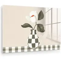 MuchoWow Glasschilderij 60x40 cm - Schilderij acrylglas - Vaas - Geruit - Groen - Bloem - Foto op glas - Muurdecoratie woonkamer - Wanddecoratie slaapkamer - Schilderijen