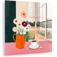 MuchoWow Glasschilderij 90x90 cm - Schilderij acrylglas - Bloemen - Koffie - Raam - Foto op glas - Muurdecoratie woonkamer - Wanddecoratie slaapkamer - Schilderijen