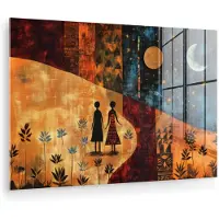 MuchoWow Glasschilderij 180x120 cm - Schilderij acrylglas - Silhouetten - Abstract - Zon - Maan - Foto op glas - Muurdecoratie woonkamer - Wanddecoratie slaapkamer - Schilderijen
