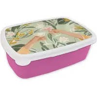 MuchoWow Broodtrommel Roze - Lunchbox Glazen - Proosten - Bladeren - Groen - Brooddoos 18x12x6 cm - Brood lunch box - Broodtrommels voor kinderen en volwassenen