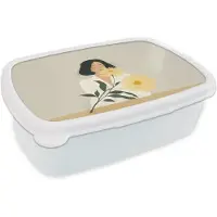 MuchoWow Broodtrommel Wit - Lunchbox Vrouw - Bloem - Geel - Minimalistisch - Brooddoos 18x12x6 cm - Brood lunch box - Broodtrommels voor kinderen en volwassenen