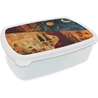 MuchoWow Broodtrommel Wit - Lunchbox Silhouetten - Abstract - Zon - Maan - Brooddoos 18x12x6 cm - Brood lunch box - Broodtrommels voor kinderen en volwassenen
