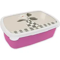 MuchoWow Broodtrommel Roze - Lunchbox Vaas - Geruit - Groen - Bloem - Brooddoos 18x12x6 cm - Brood lunch box - Broodtrommels voor kinderen en volwassenen