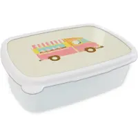 MuchoWow Broodtrommel Wit - Lunchbox Ijskar - Retro - Softijsjes - Roze - Brooddoos 18x12x6 cm - Brood lunch box - Broodtrommels voor kinderen en volwassenen