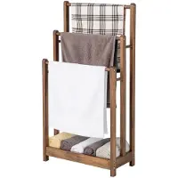 Costway Handdoekenrek vrijstaand, handdoekhouder hout met 3 handdoekstangen & onderste plank & kantelbeveiliging, droogrek bruin voor badkamer, hotels (bruin)