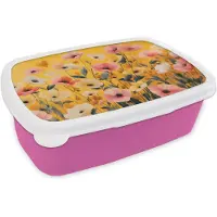 MuchoWow Broodtrommel Roze - Lunchbox Bloemen - Veld - Geel - Brooddoos 18x12x6 cm - Brood lunch box - Broodtrommels voor kinderen en volwassenen