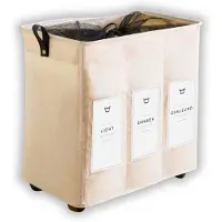 Maison Royale Wasmand op Wielen 145L – Wassorteerder 3 Vakken – Inklapbare Wasmand met Handvatten, Trekstang en Nederlandse Labels – Beige Wasmand voor Badkamer, Slaapkamer en Wasruimte - 145L