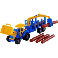 Cavallino Toys Junior Tractor met Kraan Aanhangwagen en Hout, 46cm