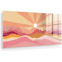 MuchoWow Glasschilderij 80x40 cm - Schilderij acrylglas - Bergen - Abstract - Zonnestralen - Roze - Foto op glas - Muurdecoratie woonkamer - Wanddecoratie slaapkamer - Schilderijen