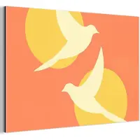 MuchoWow Aluminium schilderij 120x80 cm - Wanddecoratie metaal - Vogels - Cirkels - Geel - Metalen muurdecoratie woonkamer - Decoratie industrieel - Foto op dibond - Industriële accessoires slaapkamer
