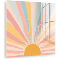 MuchoWow Glasschilderij 90x90 cm - Schilderij acrylglas - Illustratie - Zon - Pastelkleuren - Foto op glas - Muurdecoratie woonkamer - Wanddecoratie slaapkamer - Schilderijen