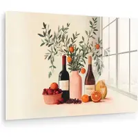 MuchoWow Glasschilderij 180x120 cm - Schilderij acrylglas - Wijnflessen - Takken - Sinaasappels - Foto op glas - Muurdecoratie woonkamer - Wanddecoratie slaapkamer - Schilderijen