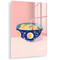 MuchoWow Glasschilderij 60x80 cm - Schilderij acrylglas - Noodles - Kom - Blauw - Illustratie - Foto op glas - Muurdecoratie woonkamer - Wanddecoratie slaapkamer - Schilderijen