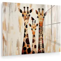 MuchoWow Glasschilderij 160x120 cm - Schilderij acrylglas - Giraffen - Cartoon - Crème - Foto op glas - Muurdecoratie woonkamer - Wanddecoratie slaapkamer - Schilderijen