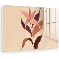 MuchoWow Glasschilderij 120x80 cm - Schilderij acrylglas - Minimalistisch - Bloem - Bladeren - Beige - Foto op glas - Muurdecoratie woonkamer - Wanddecoratie slaapkamer - Schilderijen