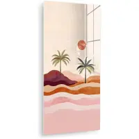 MuchoWow Glasschilderij 80x160 cm - Schilderij acrylglas - Palmbomen - Abstract - Zon - Heuvels - Foto op glas - Muurdecoratie woonkamer - Wanddecoratie slaapkamer - Schilderijen